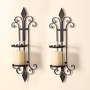 Adeco HD0006 Iron & Glass Vertical Wall Hanging Candle Holder Sconce, Scroll & Diamond Design, Holds One Pillar Candle (Set of Two) Black with Antique Finish