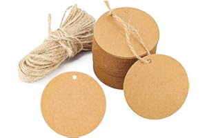 Segarty Circle Kraft Tags, 100 PCS Craft Gift Tags, Brown Tag with 65 Feet Jute Twine, Round Thick Kraft Paper Blank Hang Tags Wish Tag for Gifts Wrapping, Craft Project, Xmas Gift, Wedding Favor Bag