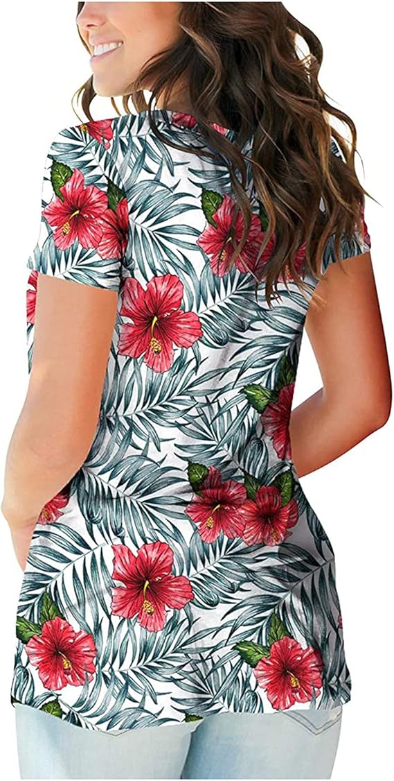 Womens Summer Tunic Top, Short Sleeve Fashion Floral Casual