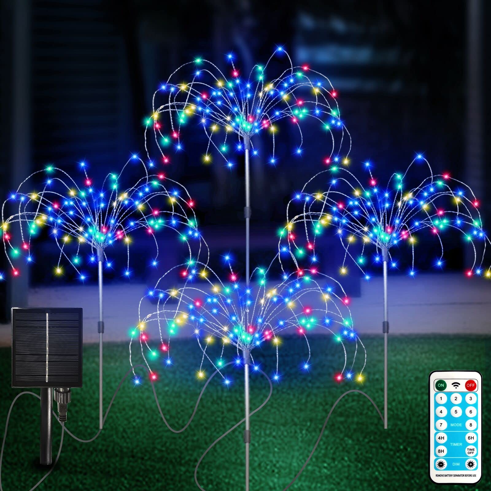 Solar Garden Lights Outdoor 4 Pcs Solar Fireworks Lights Garden Ornaments with Remote Control 8 Modes 420 LEDs Waterproof Outdoor Light Decorations for Lawn Backyard Pathway Christmas Multicolor