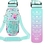 Newfad 32 oz Water Bottles with Straw & Strap, Motivational Water Bottles with Times to Drink, BPA Free Reusable Sports Water Bottle with Sleeve Carrier for Hiking, Travel, Running or Fitness