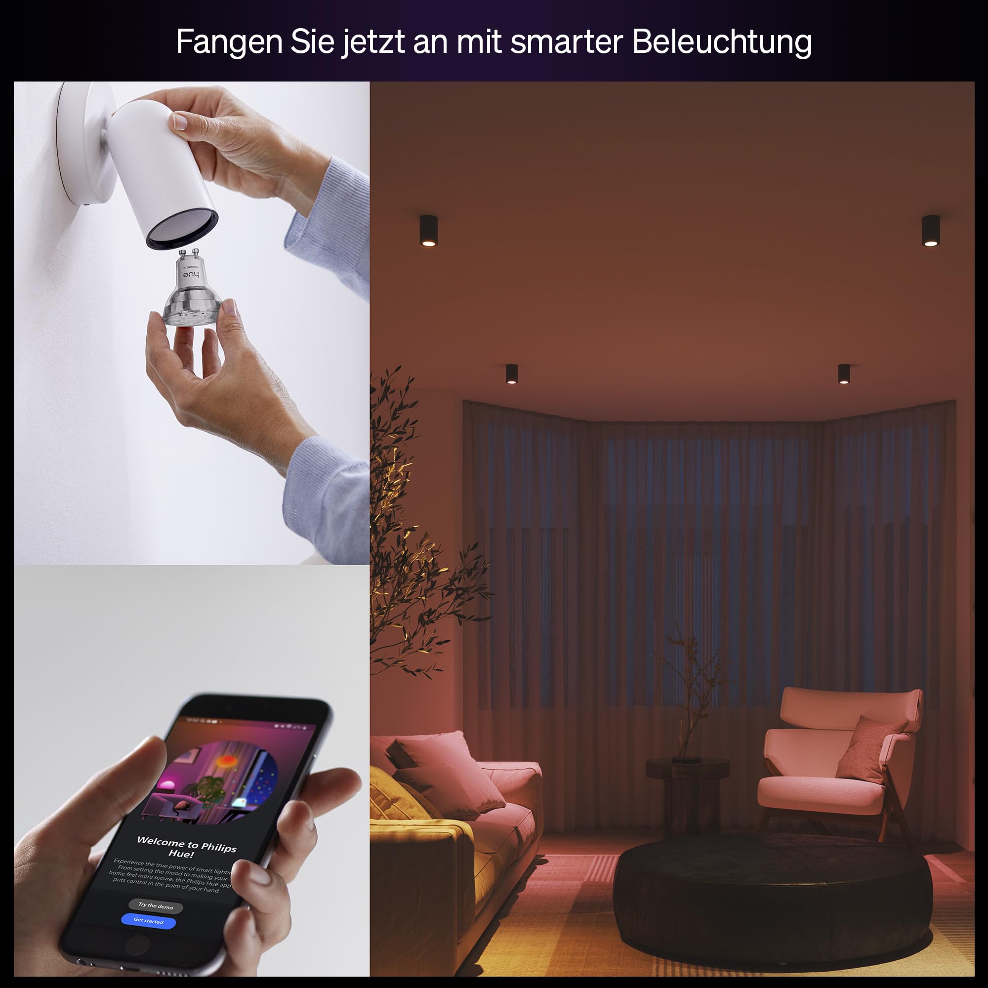Philips Hue Essential Smart LED GU10 Spotlight, Weiß und Farbe, 345 lm Energiesparlampen, dimmbar, LED Leuchtmittel kompatibel mit Alexa, Google Assistant und Apple Home, 4er Pack 2