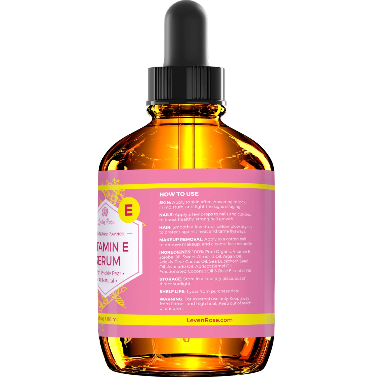 Vitamin E Serum by Leven Rose 100% Pure Organic All Natural Face, Dry Skin & Body Moisturizer Treatment, Hair & Nail Growth Oil, Pure Makeup Remover, Acne Cleansing Oil Large 4 oz: Beauty