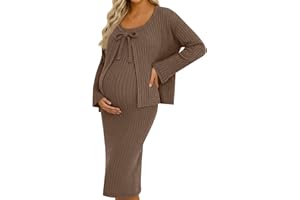 Sweetyweee 2 Piece Women's Maternity Dress Set Sweater Cardigan Sleeveless Dress Pregnancy Ribbed for Wedding Baby Shower