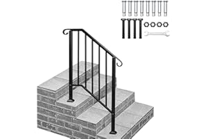 Kshioe Handrails for Outdoor Steps Fits 1 to 4 Steps, Wrought Iron Stair Railing for Outdoor Porch, All Weather Use Stair Rails on Concrete, Brick Steps (Black, 2-3 Steps)