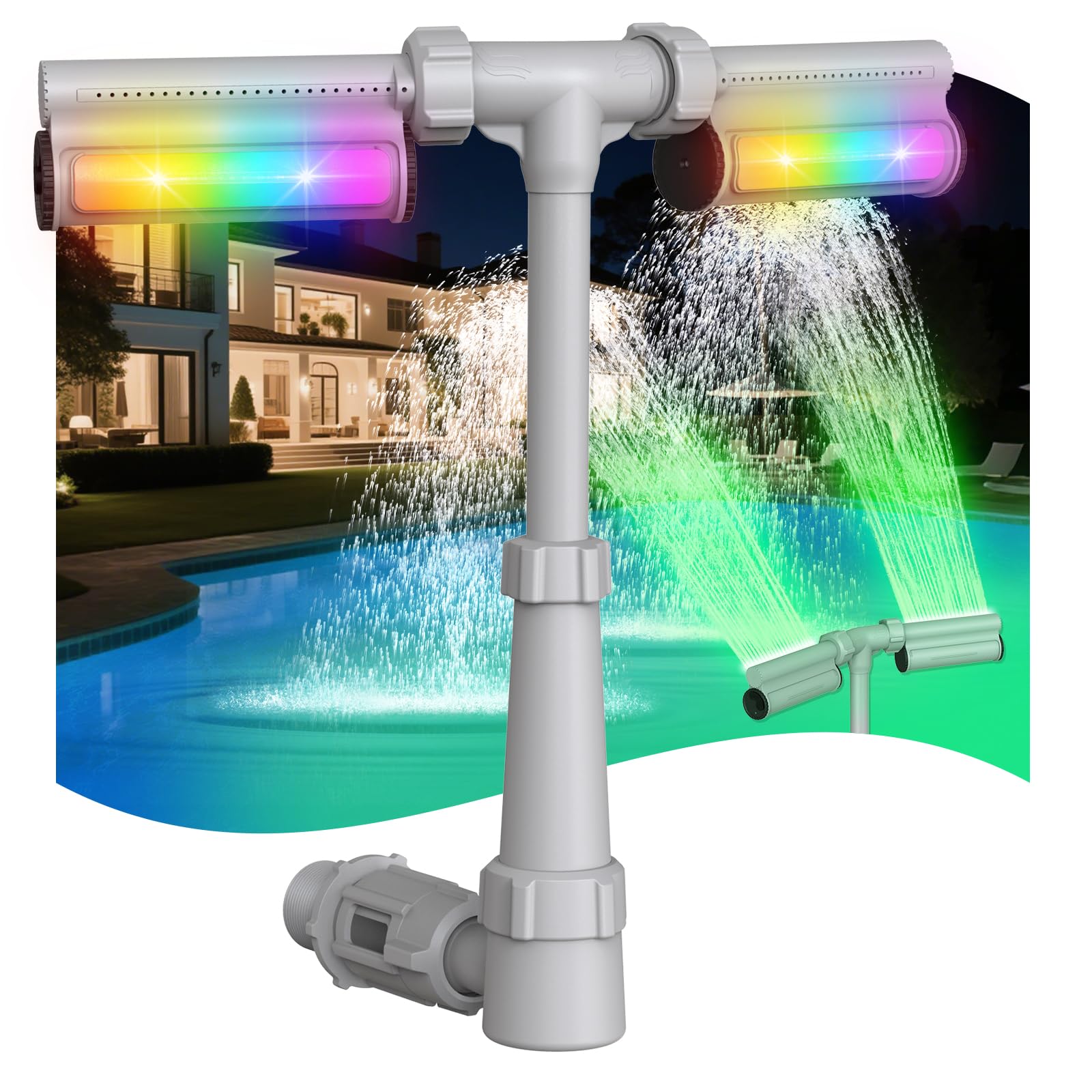 Photo 1 of Swimming-Pool Waterfall Fountain w/Colorful Led-Lights - 7 Color Changing Above/Inground Pool Fountain Lights with Remote, Water Sprinkler Adjustable Height Pool Sprayer for Outdoor Yard Decoration