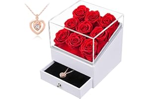 Eterfield Preserved Roses with I Love You Heart Necklace 9-Piece Forever Flowers Delivery Prime Real Rose That Last More Than a Year Gift for Mom Wife Girlfriend Valentines Day Mother Day (Red)