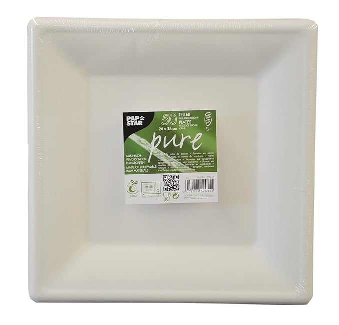Papstar Pappteller / Einwegteller eckig, weiß, 'pure' (50 Stück), 26 x 26 cm, Innenmaß 16 x 16 cm, aus Zuckerrohr, für Grillf