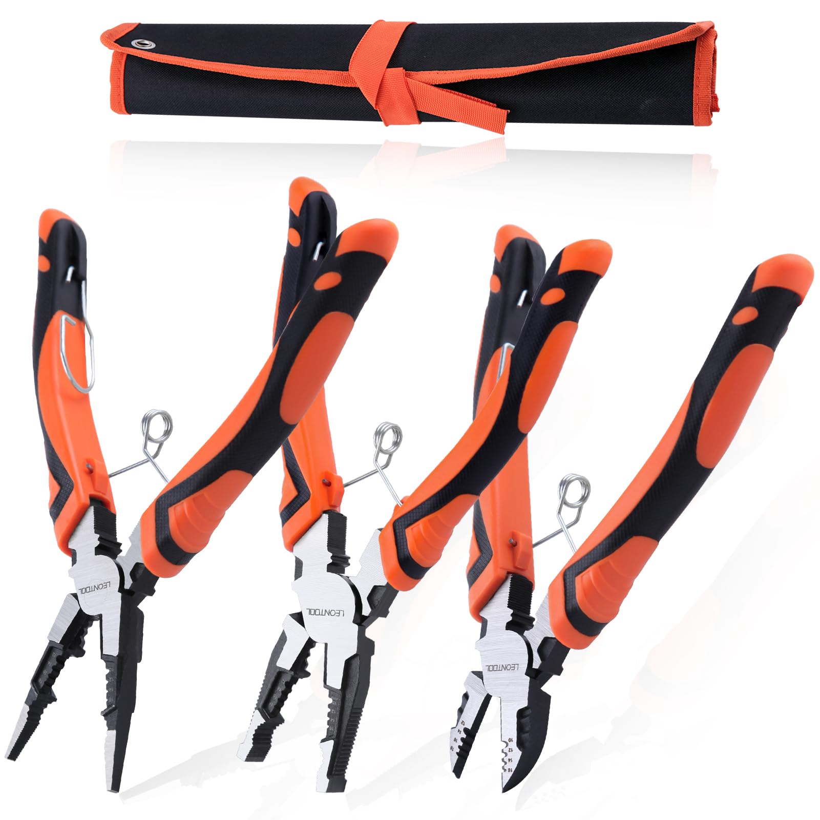LEONTOOL 3PCS Pliers Set, 6-in-1 Multifunctional Wire Stripper Crimper Cutter, Including Long Nose Pliers Linemans Pliers Diagonal Cutting Pliers, 8" Electricians Pliers Hand Tool Set for Basic Repair