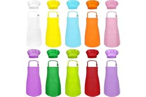 MEOGETY Kids Apron and Chef Hat Set Bulk Children’s Bib with 2 Pockets Adjustable for Boys Girl's Cooking Baking Painting for Age 6-13 Years