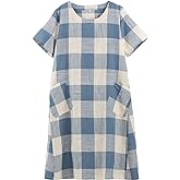 FTCayanz Women's Linen Shirt Dresses Summer Casual Short Sleeve Plaid Tunic Midi Dress