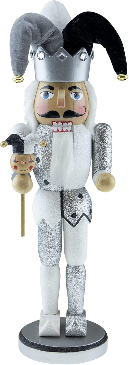 Nutcrackers - Clever Creations Silver and White Jester 14 Inch Traditional Wooden Nutcracker, Festive Christmas Décor for Shelves and Tables