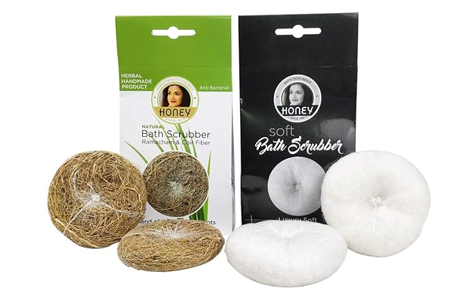 Honey Bath Scrubber Body Scrubber Combo of 04 Natural Vetiver/Ramacham Bath Scrubber & Soft Synthetic Bath Scrubber - Suitable for Babies, Women, Men and Soft Skins