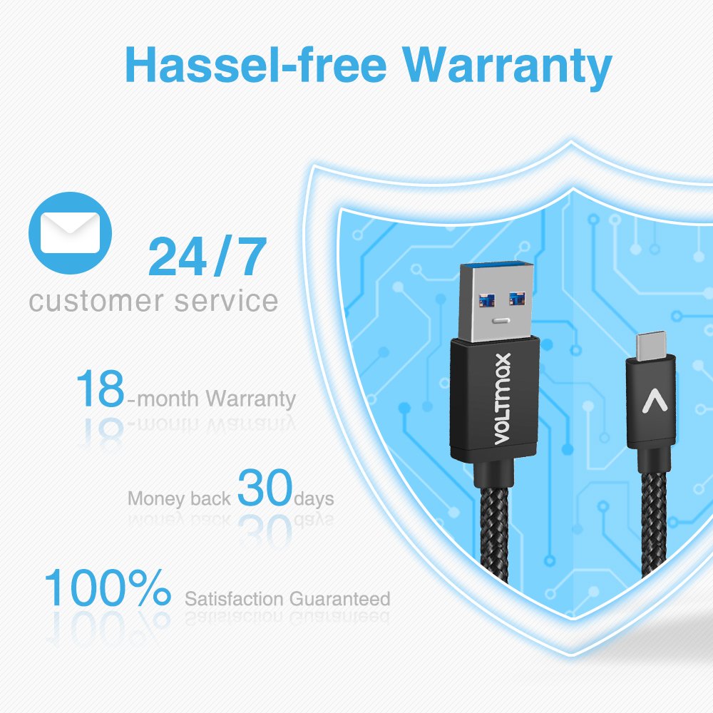 USB-C to USB 3.0 Type-C Cable (6ft) Voltmax high speed charging&syncing Nylon-Braided for Samsung Galaxy S8, Google Pixel, Nexus 6P 5X, LG G5 V20, HTC 10, Nokia N1 &more(Black)