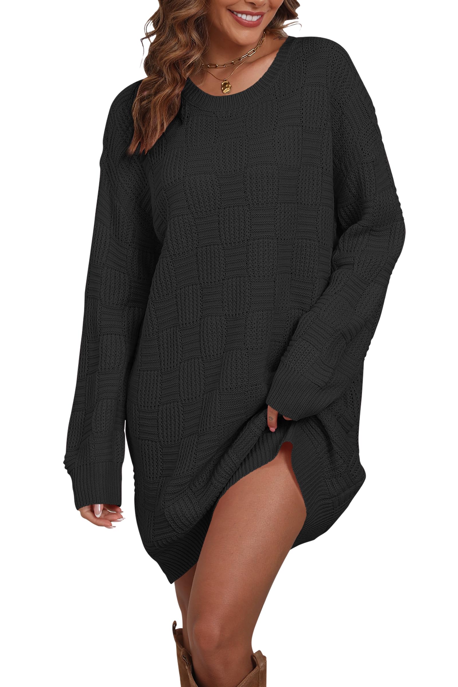 Photo 1 of Cakulo Womens Checkered Sweater Dress Oversized Fall Winter Long Pullover Sweaters Casual Loose Knit Dresses 2025 Black L