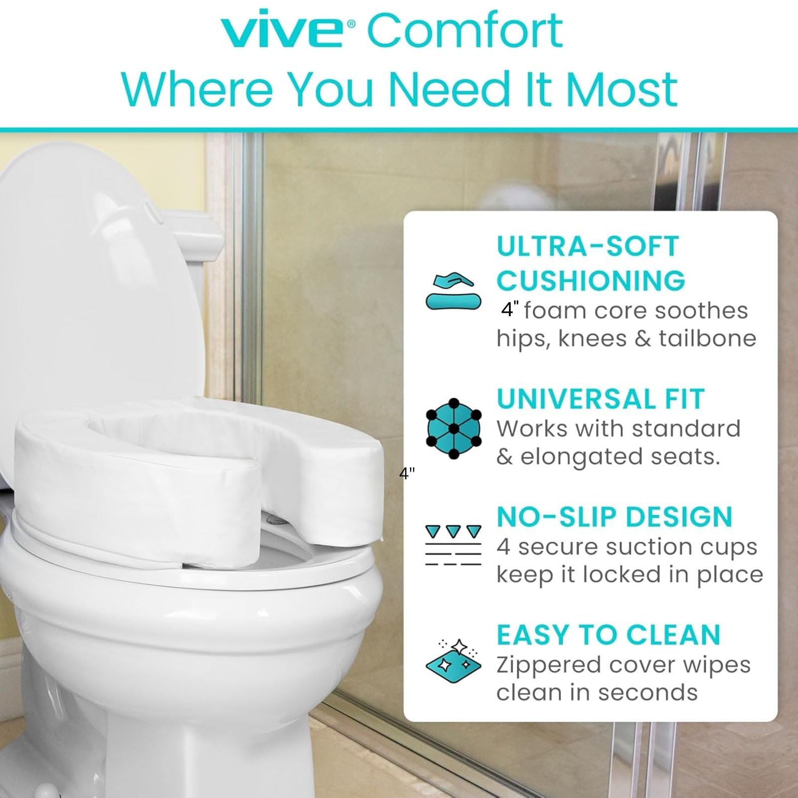 Vive Toilet Seat Cushion (Soft Cushioned Foam) - Easy Clean Soft Padded Bathroom Attachment - Elongated, Standard Seats - Comfort & Support Donut for Handicap Adults