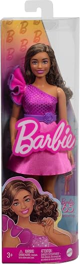 Barbie Fashionistas 225 Curvy Brown Hair Pink Glitter Dress Accessories HRH22 view 6