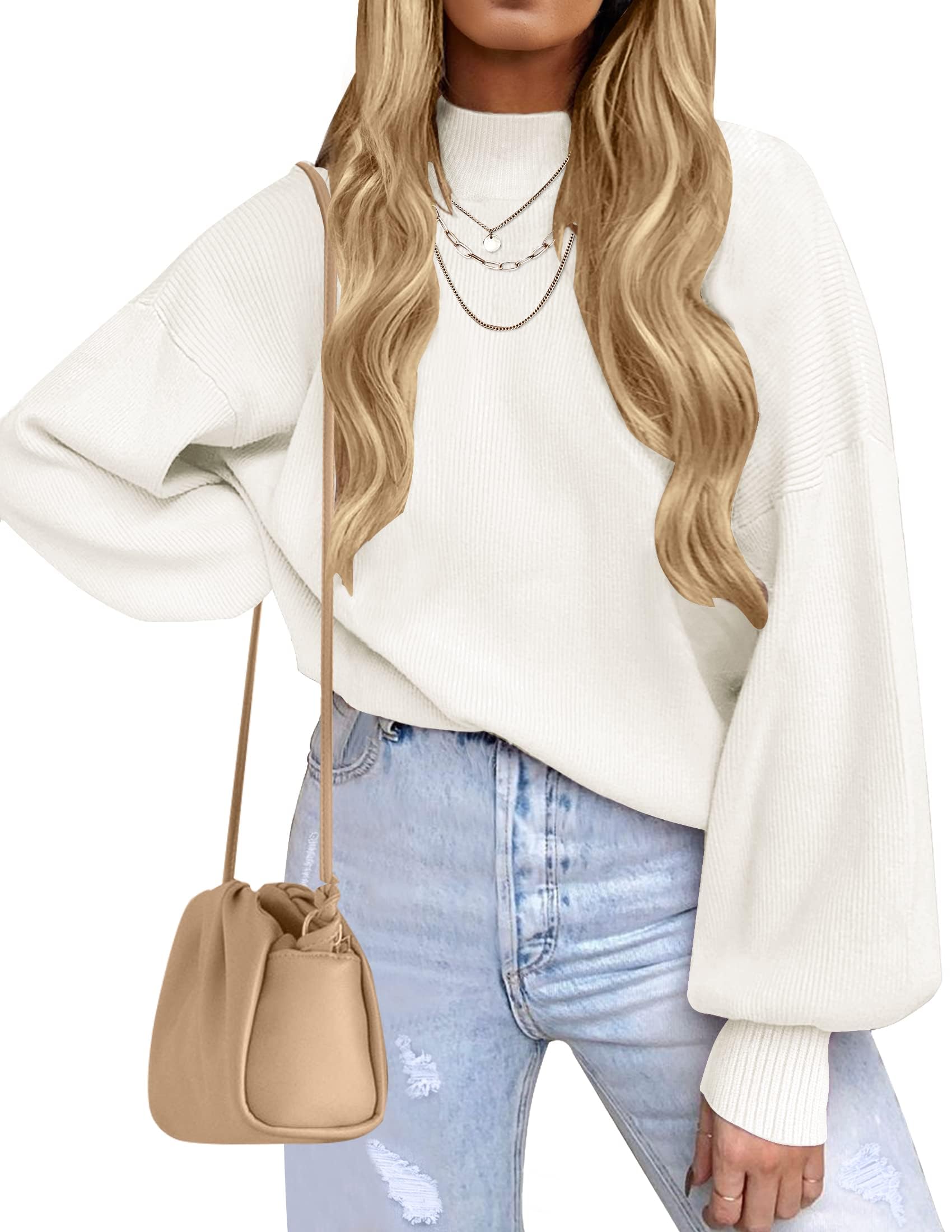 Photo 1 of ZESICA Women's Casual Turtleneck Long Lantern Sleeve Fall 2025 Oversized Ribbed Knit Pullover Sweater Jumper Top,White,Small
