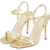 Elisabet Tang Women's High Heeled Sandals 4 Inch Strappy Sling Back Stiletto Open Square Toe Heel with Ankle Straps at Wedding Party Prom Work Dating Gold Size 9