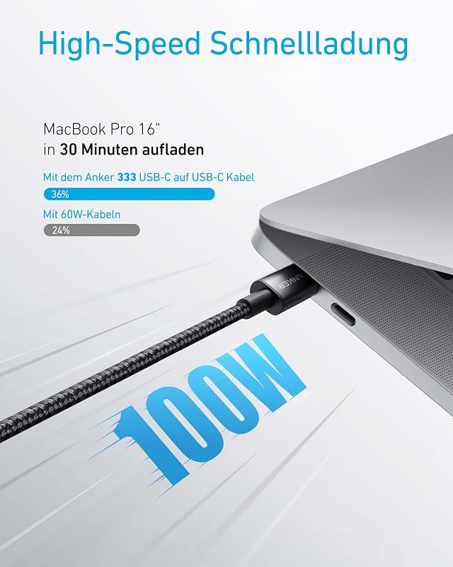 100W USB C Kabel PD 3.0 Schnellladen [1,8m], Schwarz