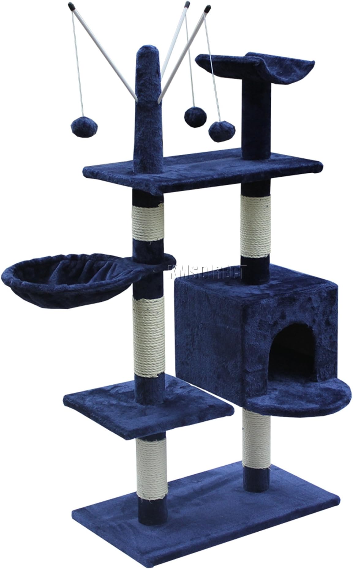 KMS FoxHunter Deluxe Multi Level Cat Scratcher Cat Tree Activity Centre Scratching Post with 2 Caves and Toys and Sleeping Area 2288 Blue Faux Fur 60cm x 35cm x 135cm Height