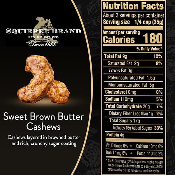 SQUIRREL BRAND SWEET BROWN BUTTER CASHEWS, 3.5 OUNCES RESEALABLE BAG, GLUTEN FREE, VEGETARIAN