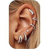 Dochais 6 Pairs 14K Gold Plated Small Hoop Earrings for Women, Hypoallergenic Silver Stackable Cartilage & Stud Earring Set, Dainty Huggie Stacks Set for Multiple Piercings