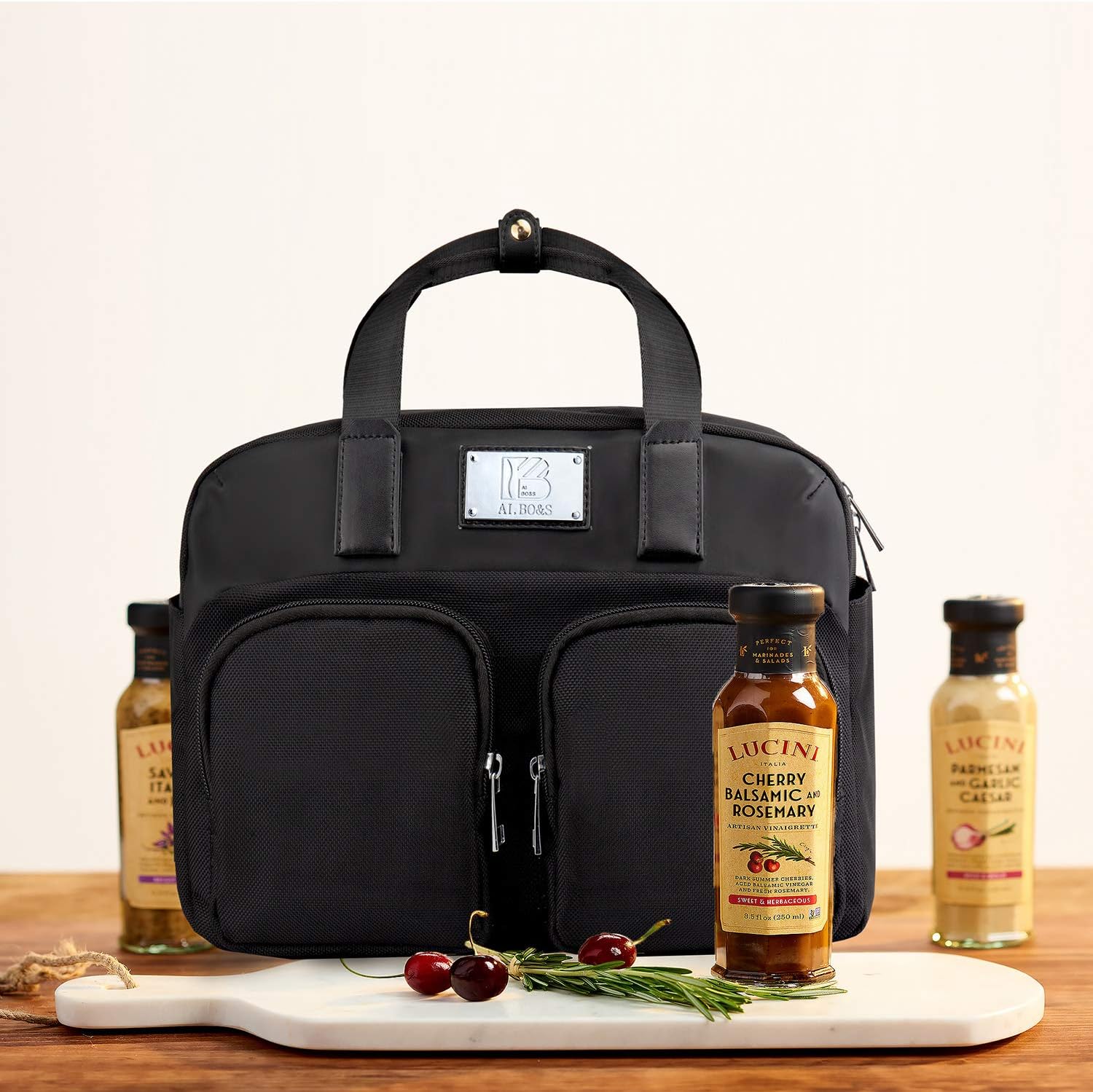 black leather lunch bag