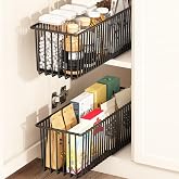 Halyuhn Pull Out Cabinet Organizers 2 Pack, Black Metal Storage Basket | Self Adhesive Slide Out Pantry Shelves Drawer Storage for Kitchen Cabinet, Bathroom and Under Sink, 15.8L"X 5.9W"X5.9"H