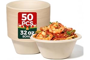 hooray mida 32 Oz [50 Pack] Heavy Duty Deep Paper Bowls - Disposable and Compostable - Made from Eco-friendly Sugarcane Bagasse - Biodegradable Bowls for Soup, Salad, Dessert, Ice Cream