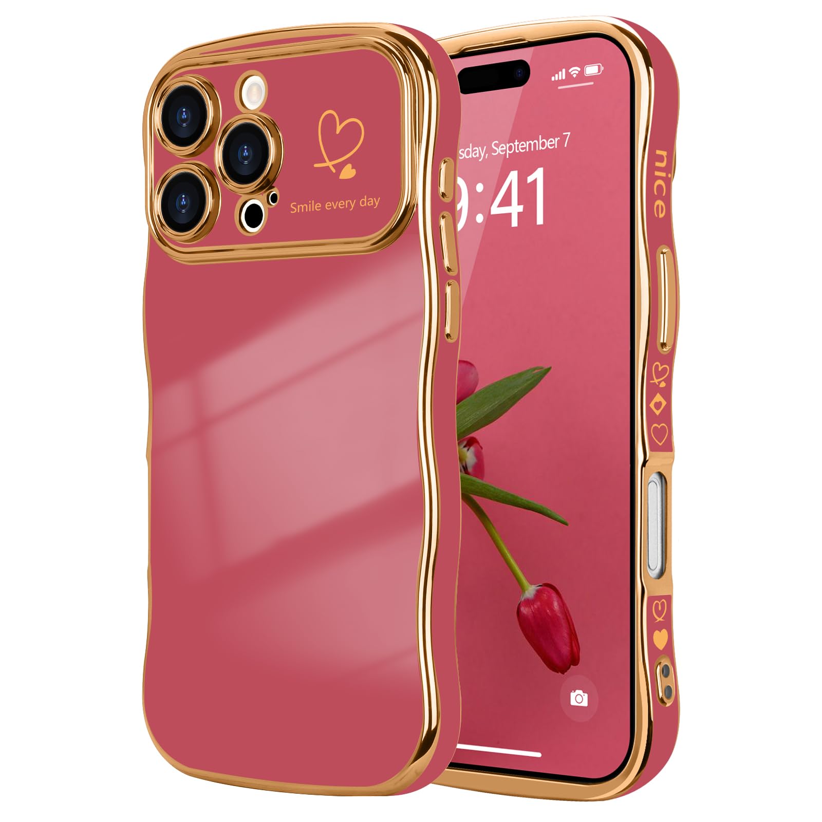 LCHULLE for iPhone 16 Pro Case for Women Girls,Cute Curly Wave Frame Shape Love Heart Pattern Phone Case,Raised Camera Protection Plating Shockproof Cover for iPhone 16 Pro 6.3",Faint Red