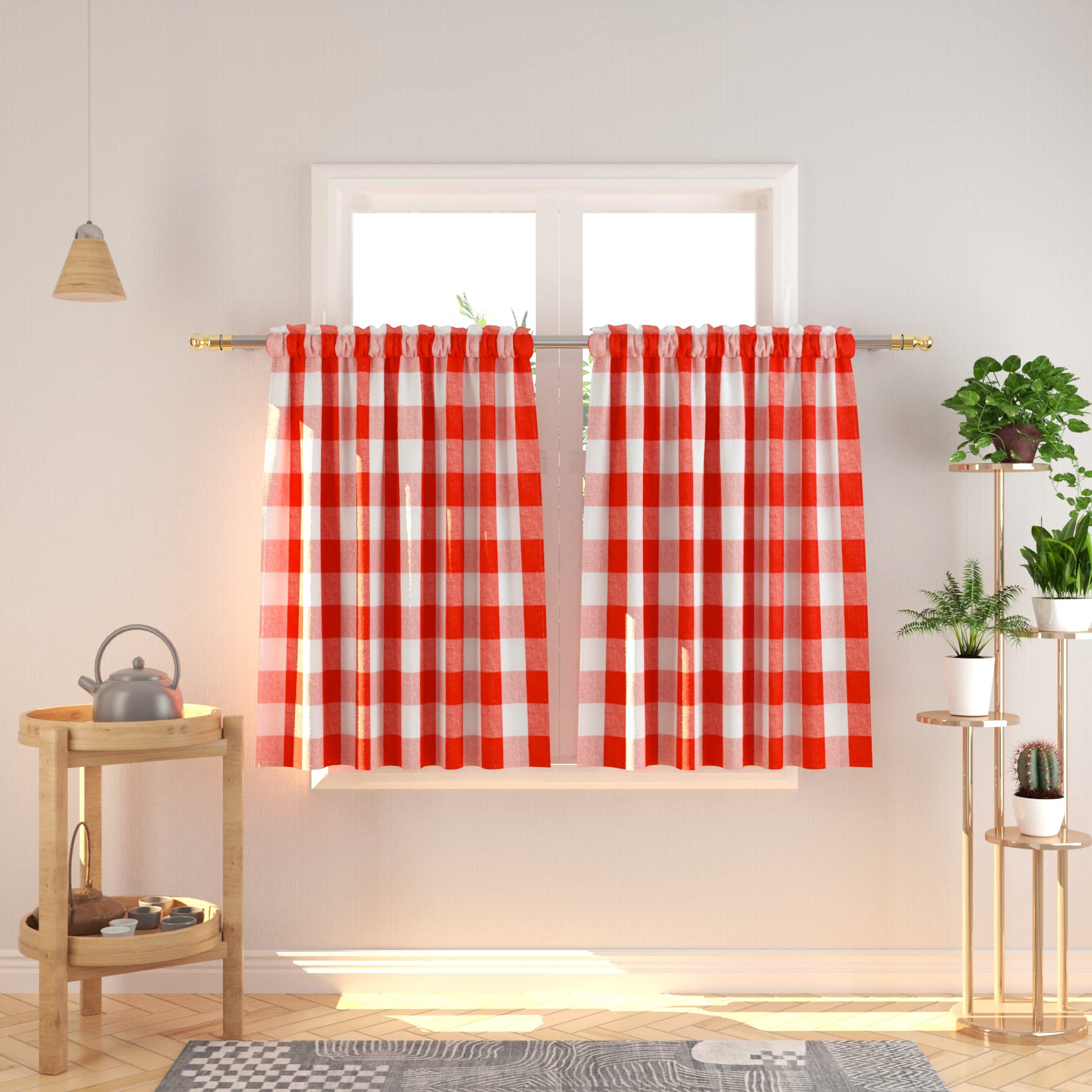 Natus Weaver Red and White Buffalo Check Curtains with Rod Pocket for Kitchen Bathroom 36 Inch Length Window Curtain Panels Set of 2