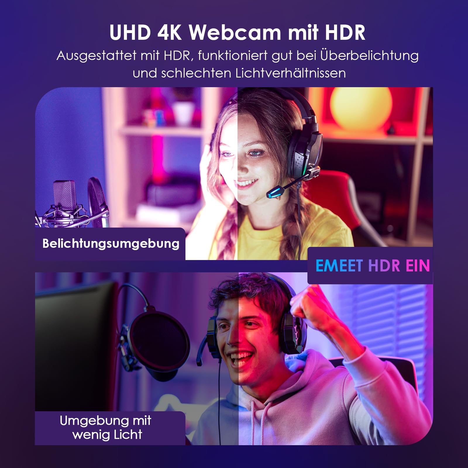 EMEET Webcam 4K S800, Ultra 4K Webcam mit 2 Mikrofonen mit Rauschunterdrückung, 73° Sichtfeld, Lichtkorrektur, Datenschutzabdeckung, 1080p@60FPS HDR, Web cam 1080p für Live-Streaming, Gaming, Zoom 3