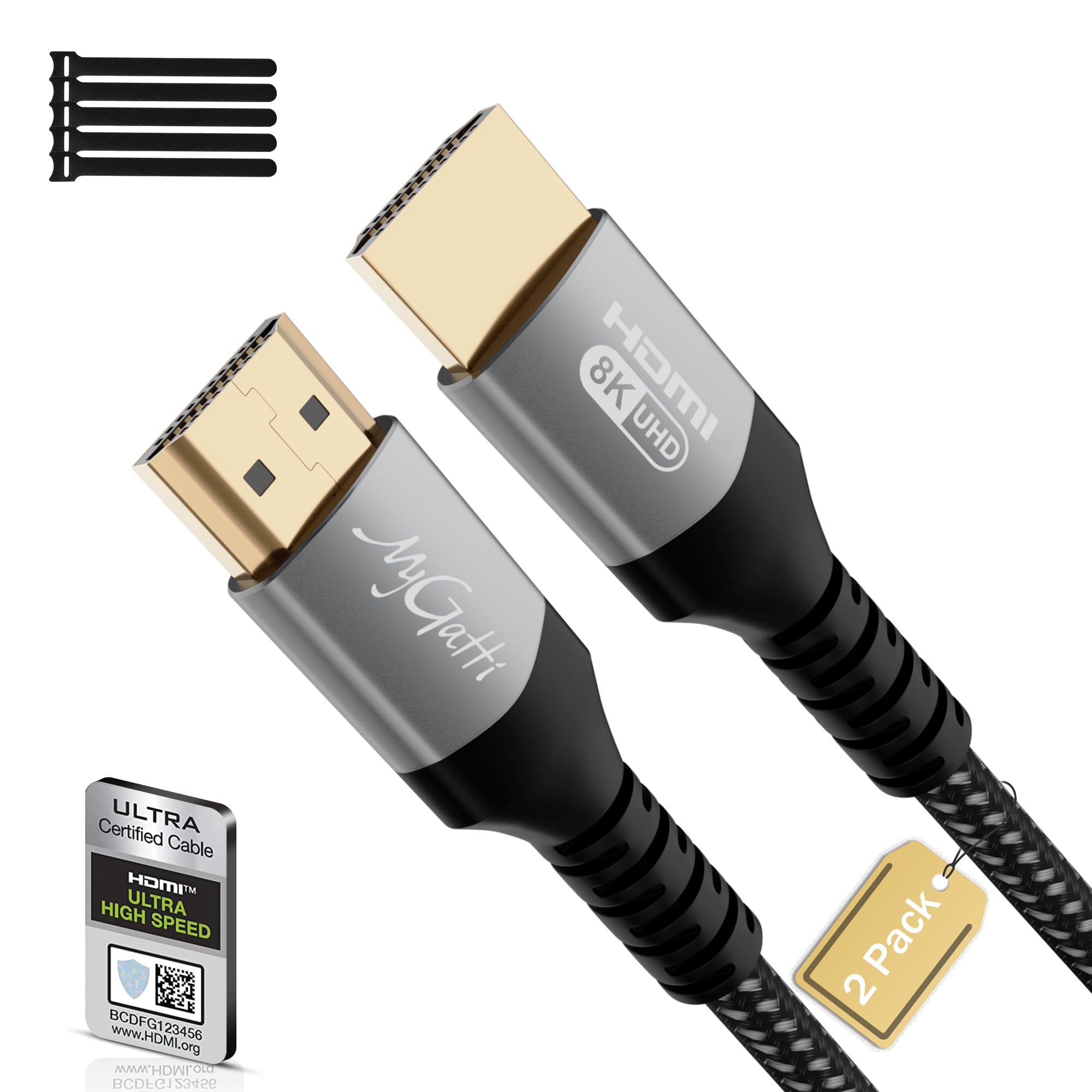 Mygatti Certified HDMI 2.1 Cable 0.5m/2 Pack,Real 8K Ultra HD 48Gbps nylon Braided cord,Supports 4K@120Hz/8K@60Hz,eARC,HDCP 2.2/2.3,UHD HDR 10+,Compatible with 8K Gaming,TV,Blu-ray Player,Projector