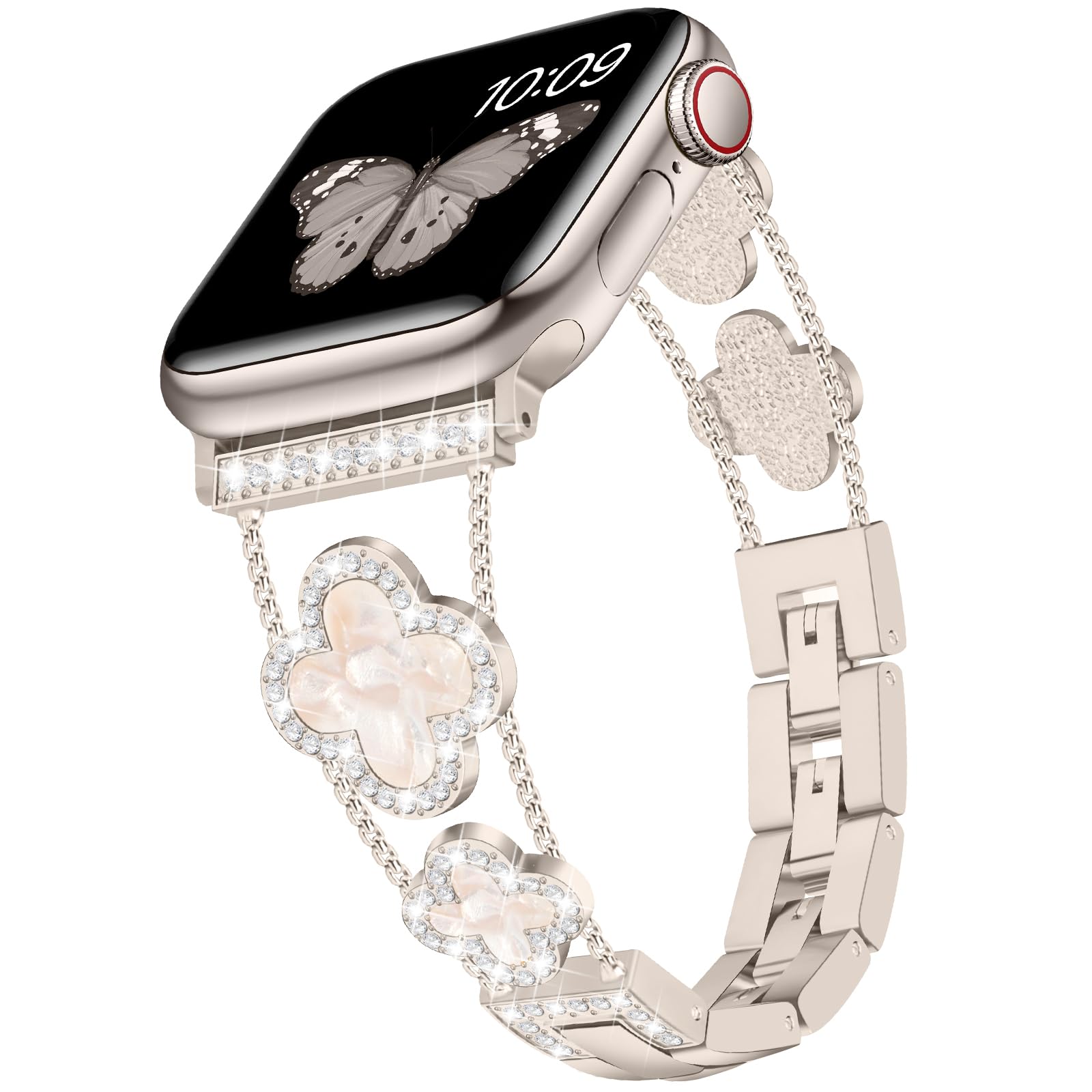 Photo 1 of Tasikar Bling Diamond Women Band Compatible with Apple Watch Band 49mm 46mm 45mm 44mm 42mm 41mm 40mm 38mm Ultra SE Series 10 9 8 7 6 5 4 3 2 1 Lucky Clover Dressy Replacement Bracelet (Starlight)
