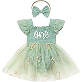 ODASDO Baby Girls First Birthday Outfit Sqaure Neck Ruffle Fly Sleeve Tulle Tutu Romper Dress with Bowknot Headband