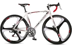 PanAme 14-21 Speed Road Bike with Light Aluminum Alloy Frame, 700C Wheel Commuter Bicycle with Dual Disc/V Brakes for Men and Women, Adult Faster Racing Bike (Black, Red, Blue, White)