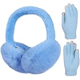BEARAE Winter Ear Muffs Gloves Set, Fuax Fur Earmuffs with Glove, Foldable Fluffy Ear Warmer Muff for 7-12T Kids Girls Boys