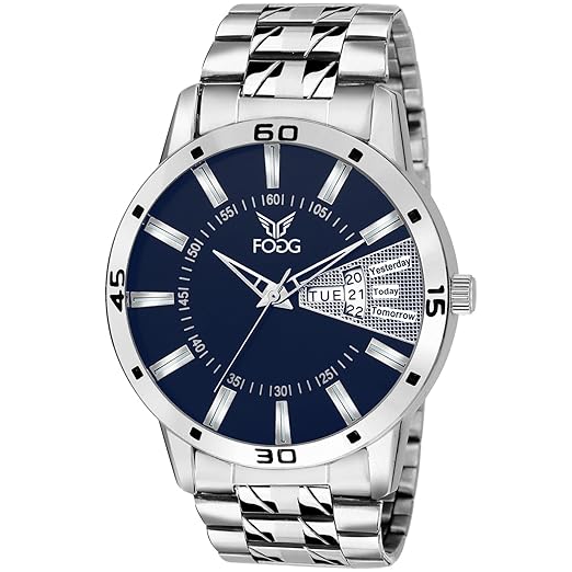 Fogg Stainless Steel Day and Date Blue Dial Analog Mens Watch (2038-BL)