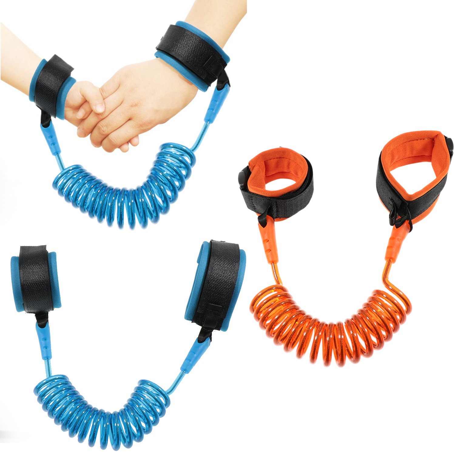 Waykino Child Anti-Lost Strap Skin Care Wrist Link Belt Flexible Travel Outdoor Safety Harness Blue Orange 2 Pcs