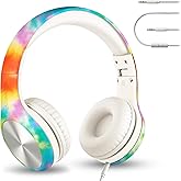 LilGadgets Connect+ Pro Wired Kids Headphones for School with Microphone, Volume Limiting Over-Ear Headset with Cord, SharePort Technology & SoftTouch Padding, Tie Dye Rainbow