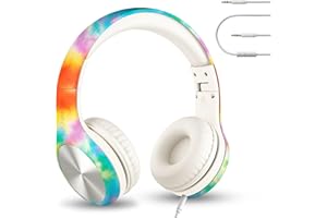 LilGadgets Connect+ Pro Wired Kids Headphones for School with Mic, Volume Limit & Noise Reduction Over-Ear Headset with Cord, SharePort Technology & SoftTouch Padding, Tie Dye Rainbow