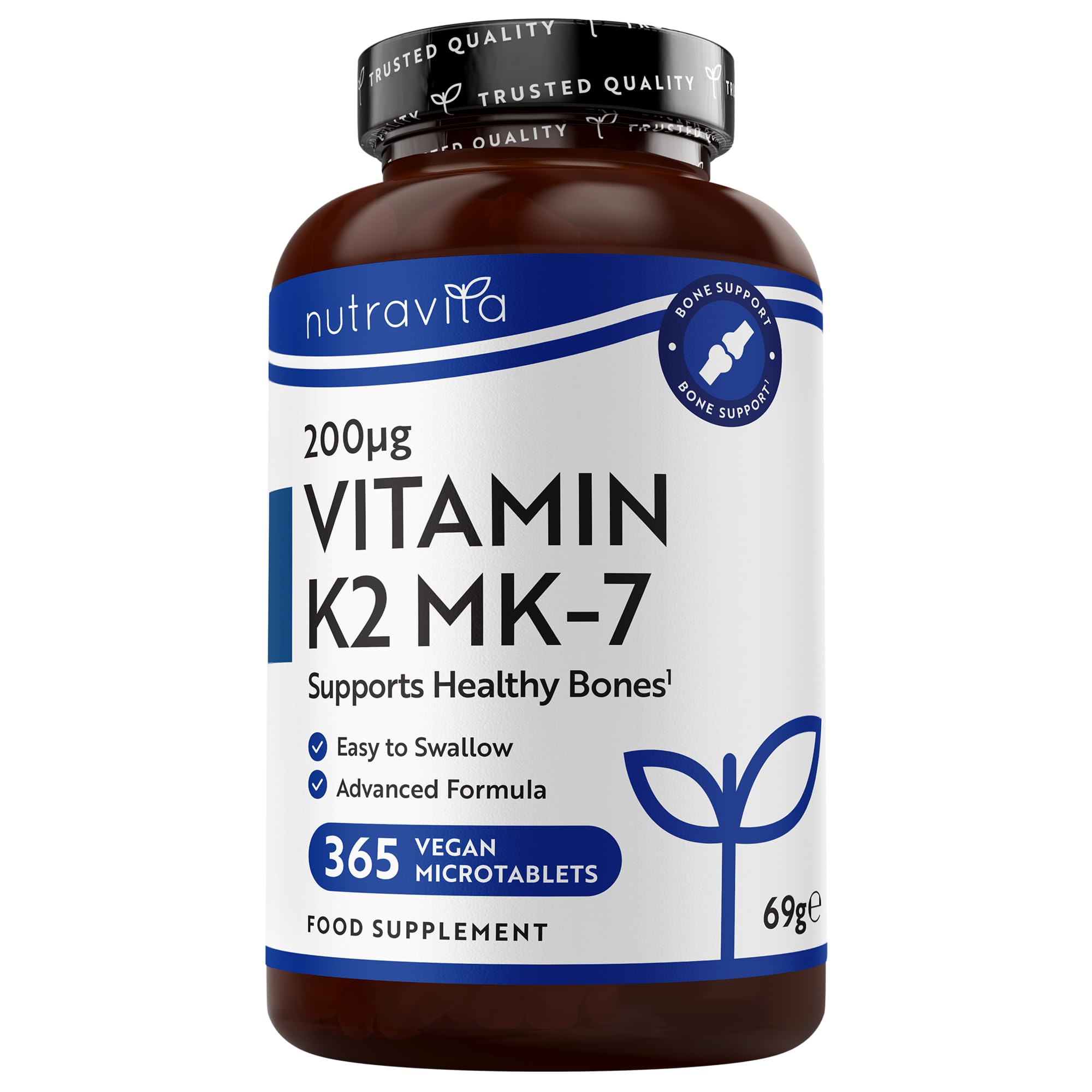 Nutravita Vitamin K2 MK 7 200mcg - 1 Year Supply - 365 Vegan Micro Tablets (Not Capsules) - Supports Maintenance of Normal Bones - High Strength Menaquinone MK7 - Made in The UK