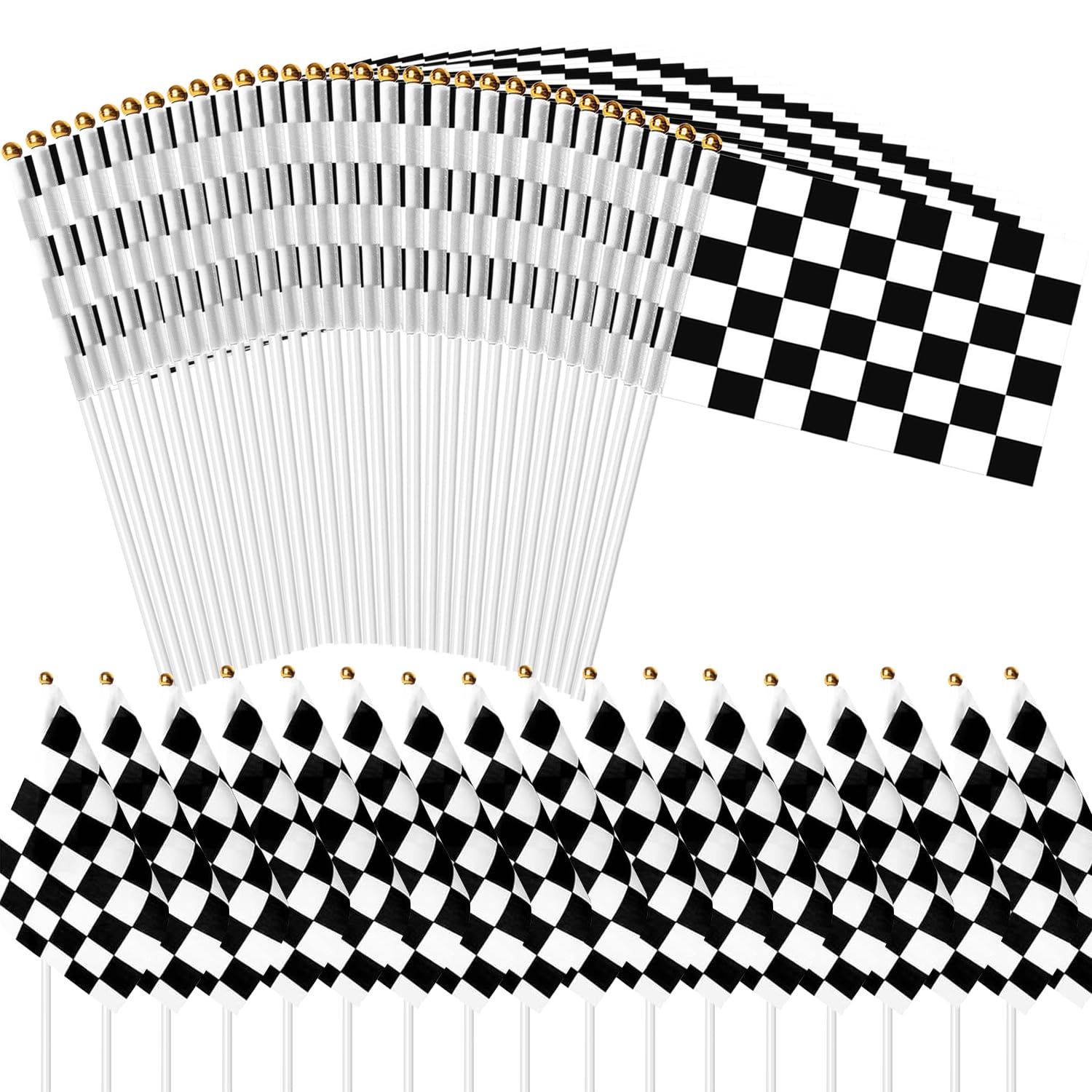 Photo 1 of 50 Pcs Small Checkered Flags Black and White Racing Flag, 5x8 Inch Handheld Flag with Child Safety Spear Top Great Children's Birthday Gift and Party Decorations Car Racing Decorations