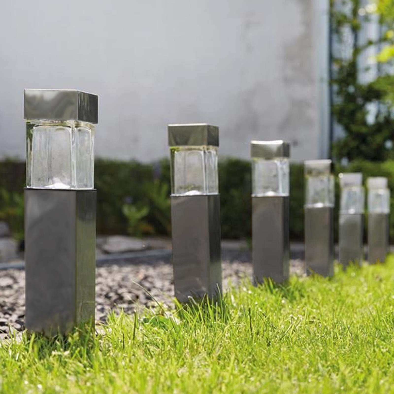 Luxform 10 Pack Balos Solar Light LED Brushed Stainless Steel and Glass With Base Spike For Garden Lighting Patio Pathway Height 39cm Silver Grey