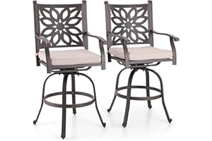 MFSTUDIO Cast Aluminum Bar Height Outdoor Bar stools Set of 2, Swivel Patio Chairs with Extra Wide Seat and Cushion, Brown