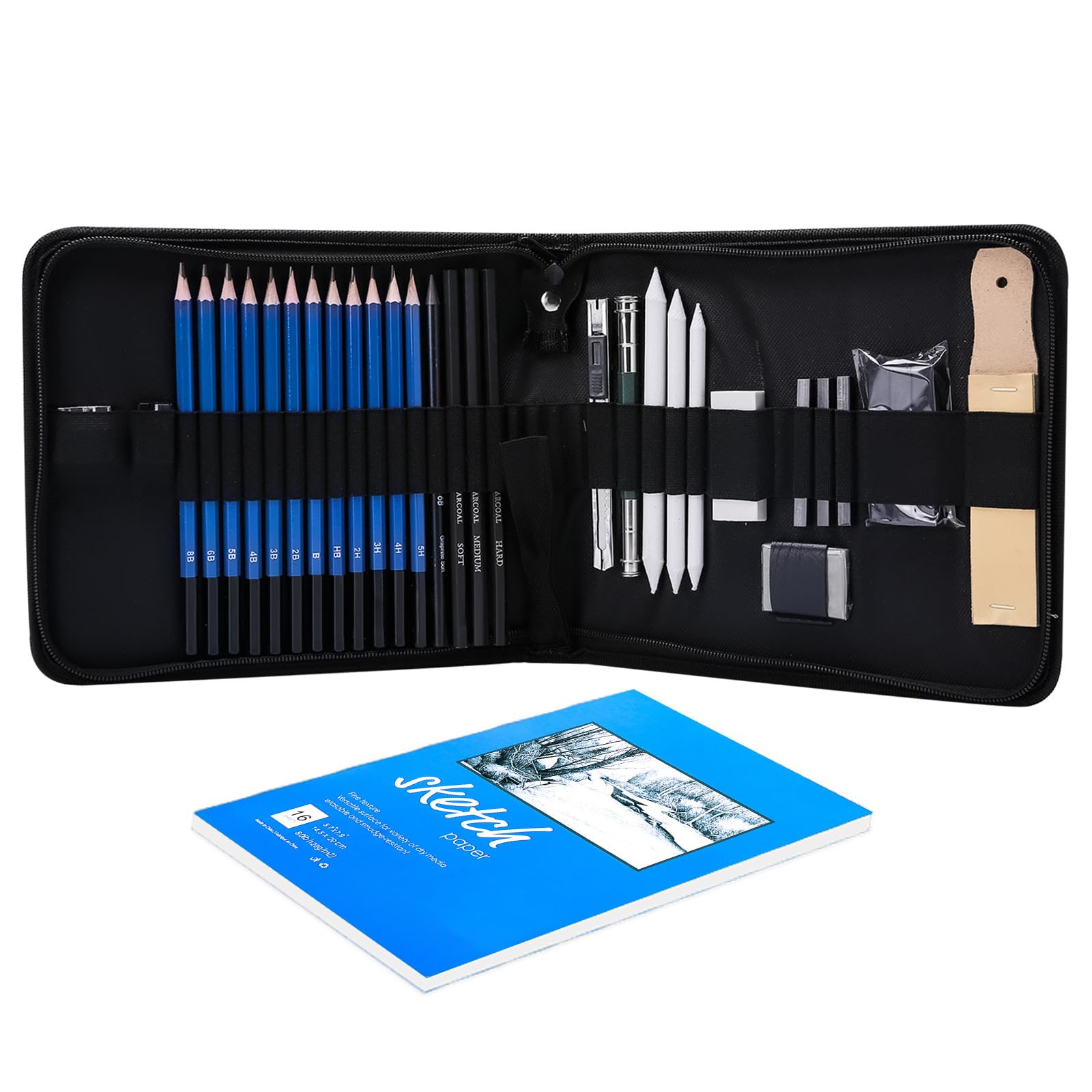Teogneot 33 Pcs Sketch Pad and Pencils Set, Art Supplies Art Kit with Sketch Book Drawing Charcoal Pencil Eraser Sharpener Pencil Extender