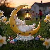 CHENCHUCHIN Easter Gift for Mom – Solar Powered Mother & Baby Rabbit Garden Light on Moon, Warm White LED Resin Statue for Yard and Patio | Mother's Day Gardening Gift