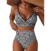 Herseas Women's Embroidered Flowers Bikini Sets Scalloped V Neck Swimsuits High Waisted Bathing Suits