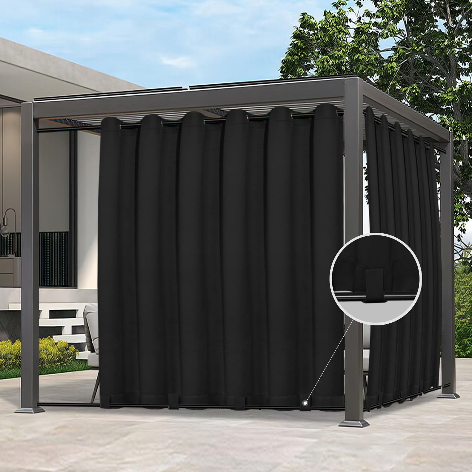 Photo 1 of Easy-Going Outdoor Curtains Waterproof Windproof Weatherproof Curtain for Patio, Cabana, Porch, Pergola and Gazebo, Grommet Top and Tab Bottom Drape, 1panel, 110x108 inch, Black